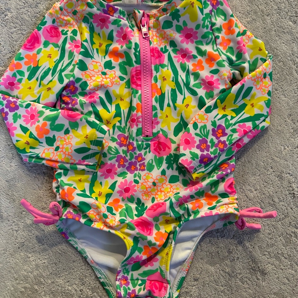 Cat & Jack Girls' Floral Long-Sleeve Rashguard Swimsuit - Pink, Yellow & Green